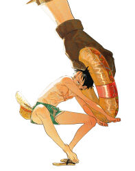 2boys black_hair blue_shorts gloves highres innertube invisible_chair male_focus monkey_d._luffy multiple_boys one_piece out_of_frame sabo_(one_piece) sandals scar scar_on_face short_hair shorts simple_background sitting swim_ring tio7tio8 topless_male white_background 