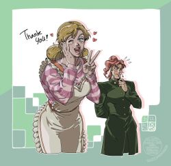  1boy 1girl apron araki_hirohiko_(style) blonde_hair blush cherry_earrings earrings food-themed_earrings gakuran green_eyes heart jewelry jojo_no_kimyou_na_bouken kakyoin_noriaki kujo_holy lips long_coat official_style one_eye_closed open_mouth school_uniform shirt smile stardust_crusaders tmblyeet v 