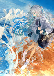  1girl absurdres ahoge aqua_eyes bag beach commentary_request duffel_bag grey_hair grey_jacket grey_skirt halftone highres ichika_(ichika87) jacket looking_down original scenery shoes sidelocks skirt sky solo thigh_strap two-tone_background white_shoes 
