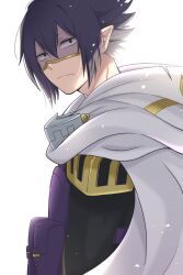  1boy ai_oi amajiki_tamaki black_eyes black_hair black_shirt boku_no_hero_academia cape closed_mouth double-parted_bangs face_shield frown hair_between_eyes highres long_sleeves looking_to_the_side male_focus pointy_ears pouch sanpaku shirt short_hair sideways_glance simple_background solo spiky_hair superhero_costume vest white_background white_cape 
