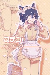  1girl alternate_costume animal_ears apron black_hair brown_eyes brown_streaks foot_out_of_frame frilled_apron frilled_hairband frills hair_ornament hairband hairclip heart highres horse_ears jacket jersey_maid leg_warmers looking_at_viewer maid multicolored_hair open_mouth parallel_hairclips pixel_heart pono3330 short_hair sidelocks smile solo standing standing_on_one_leg stay_gold_(umamusume) streaked_hair umamusume unconventional_maid white_apron yellow_hairband yellow_jacket yellow_leg_warmers yellow_theme zoom_layer 