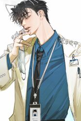  1boy black_hair cigarette commentary_request doctor from_side hataria_kawa highres id_card male_focus original upper_body 