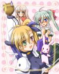  blush bodysuit dress einhart_stratos gift green_hair heart heterochromia kotaken light_brown_hair lily_strosek long_hair mahou_senki_lyrical_nanoha_force mahou_shoujo_lyrical_nanoha mahou_shoujo_lyrical_nanoha_vivid sacred_heart side_ponytail sweatdrop thoma_avenir tohma_avenir twintails valentine vivio 