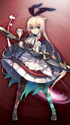  1girl alice_(grimms_notes) alice_(kagami_no_kuni)_(grimms_notes) apron aqua_eyes arrow_(projectile) asymmetrical_legwear blonde_hair bow bow_(weapon) bowtie breasts buttons detached_sleeves dress full_body game_asset grimms_notes hair_between_eyes hair_bow holding holding_arrow holding_bow_(weapon) holding_weapon hosato_mikine legs_apart long_hair looking_at_viewer maid mismatched_legwear non-web_source official_art open_mouth pantyhose quiver red_background shoes smile solo standing striped_clothes striped_pantyhose very_long_hair weapon 
