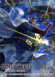  1boy aura belt brown_gloves cigar coat coat_on_shoulders commentary_request copyright_name dutch_angle glint gloves hat male_focus official_art one_piece one_piece_card_game sheath shiryuu_(one_piece) smile solo tatsuya_(atelier_road) unsheathing white_coat 