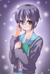  book brown_eyes cardigan glasses grey_hair kisaragi_yuki nagato_yuki nagato_yuki_(shoushitsu) school_uniform short_hair suzumiya_haruhi_no_shoushitsu suzumiya_haruhi_no_yuuutsu 