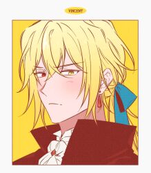  1boy ascot ben-day_dots black_coat blonde_hair blue_bow blush border bow brooch character_name closed_mouth coat commentary_request earrings english_text grey_background h_ire_h hair_between_eyes hair_bow heterochromia jewelry korean_commentary long_hair looking_at_viewer male_focus pandora_hearts popped_collar red_eyes screentones simple_background solo teardrop_earrings v-shaped_eyebrows vincent_nightray white_ascot yellow_background yellow_eyes 