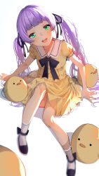  1girl aqua_eyes baby_animal bad_link bird blue_eyes blue_ribbon blue_shoes blurry blush bonnet bpa_(artist) chick collar collared_dress dress frilled_bonnet frilled_dress frilled_socks frills from_side green_eyes hair_ribbon highres indie_virtual_youtuber mochi_hiyoko mochipro neck_ribbon open_mouth purple_hair ribbon shoes sitting smile socks stuffed_animal stuffed_toy tareme twintails virtual_youtuber white_collar white_socks yellow_bonnet yellow_dress 