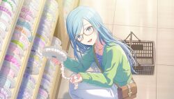  1girl :d bag blue_eyes blue_hair blue_shirt brown-tinted_eyewear brown_bag cardigan colorful_palette dot_nose frills game_asset glasses green_cardigan highres hinomori_shizuku indoors jewelry legs_folded legs_together light_blush long_hair long_skirt long_sleeves looking_at_viewer mole mole_under_mouth necklace official_art open_cardigan open_clothes open_mouth project_sekai saihate_e_to_tobu_kimi_e_(project_sekai) shirt shopping_basket shoulder_bag skirt smile solo sparkle squatting swept_bangs third-party_source tinted_eyewear tongue wavy_hair white_skirt 