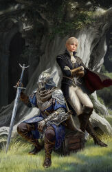  1boy 1girl arch armor ascot blonde_hair blue_eyes blue_surcoat braid brother_and_sister brown_gloves closed_mouth commentary crossed_arms duchess_(elden_ring) elden_ring elden_ring_nightreign english_commentary gloves grass helmet highres holding holding_sword holding_weapon kaichen2077 leaning_back looking_at_viewer ornate_clothes outdoors pants scale_armor siblings sitting standing sword treasure_chest tree weapon white_ascot white_pants winged_helmet wylder_(elden_ring) 
