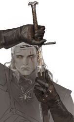  1boy absurdres arm_up beard belt black_gloves black_jacket brown_belt closed_mouth facial_hair geralt_of_rivia gloves hair_slicked_back hand_up highres holding holding_sheath holding_sword holding_weapon jacket jewelry leather leather_jacket looking_at_viewer male_focus mature_male medium_hair pendant rora_(auroradiation) runes scar scar_across_eye scar_on_face scar_on_forehead sheath simple_background solo sword the_witcher_(series) twitter_username unsheathing upper_body weapon white_background white_hair yellow_eyes 