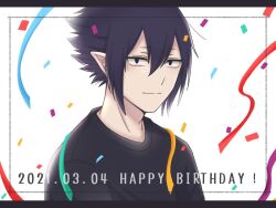  1boy adam's_apple ai_oi amajiki_tamaki black_eyes black_hair black_shirt boku_no_hero_academia border closed_mouth commentary confetti crew_neck dated double-parted_bangs hair_between_eyes happy_birthday inset_border looking_at_viewer male_focus pointy_ears sanpaku shirt short_hair smile solo spiky_hair streamers white_background 