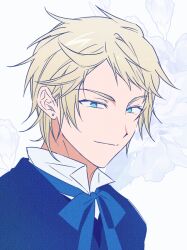  1boy ben-day_dots blonde_hair blue_eyes blue_jacket blue_ribbon closed_mouth collared_shirt commentary_request earrings elliot_nightray floral_background grey_background h_ire_h jacket jewelry korean_commentary looking_at_viewer male_focus mole mole_under_eye neck_ribbon pandora_hearts popped_collar portrait ribbon screentones shirt short_hair smile solo stud_earrings white_shirt 