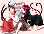  animal_ears biting braid brown_hair cat_ears cat_tail chen closed_eyes finger_biting fingernails geike grey_hair hands heart kaenbyou_rin mouse_ears mouse_tail multiple_girls musical_note nazrin purple_eyes red_eyes red_hair short_hair striped striped_background sweat tail tongue touhou you_gonna_get_raped yuri 