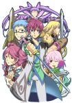  4boys asbel_lhant cheria_barnes glasses hubert_ozwell malik_caesars multicolored_hair multiple_boys multiple_girls pascal richard_(tales_of_graces) sinaooo sophie_(tales_of_graces) staff sword tales_of_(series) tales_of_graces twintails two-tone_hair two_side_up weapon 