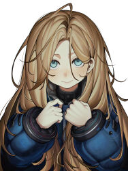  1girl absurdres aqua_eyes blonde_hair blue_coat blush closed_mouth coat commentary diana_(pragmata) dyga2tu4 hands_up highres long_hair long_sleeves looking_at_viewer padded_coat pragmata puffy_long_sleeves puffy_sleeves simple_background sleeves_past_wrists solo upper_body white_background 