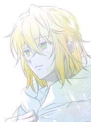  1boy bags_under_eyes blonde_hair cloak commentary crossed_bangs dirty dirty_face empty_eyes green_eyes h_ire_h hair_between_eyes hand_up hood hooded_cloak jack_vessalius looking_ahead male_focus pandora_hearts parted_lips portrait simple_background snowing solo white_background white_cloak 