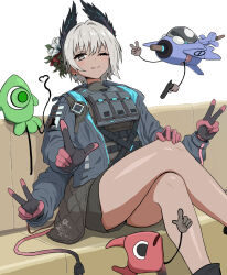 1girl arknights bird_girl black_feathers black_gloves blue_jacket cable cable_tail closed_mouth commentary_request couch crossed_legs dark-skinned_female dark_skin double_v drone earrings electric_plug electric_plug_tail extra_arms feathers gloves grey_eyes grey_hair hair_intakes hand_on_own_knee head_wings highres jacket jewelry l_hand looking_at_viewer mechanical_tail medium_hair multicolored_gloves on_couch one_eye_closed open_clothes open_jacket pink_gloves raidian's_summons_(arknights) raidian_(arknights) shorts sitting smile tail two-tone_gloves u5_oekaki v white_background wings 