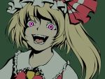  fangs flandre_scarlet green hat hat_ribbon laughing misopanne open_mouth pink_eyes ribbon short_hair side_ponytail simple_background solo teeth touhou 