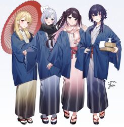  4girls alternate_costume aqua_eyes black_hair black_scarf blonde_hair blue_haori brown_hair bucket checkered_clothes checkered_scarf colored_inner_hair creature_on_head crossed_bangs full_body hair_between_eyes hand_on_own_hip haori highres hikari_yui ichinose_uruha japanese_clothes kaga_nazuna kaga_sumire kimono kogara_toto long_hair looking_at_viewer lupinus_virtual_games medium_hair multicolored_hair multiple_girls obi oil-paper_umbrella okobo pink_hair pink_scarf platform_sandals red_eyes sandals sash scarf signature simple_background socks standing tabi towel two-tone_hair two_side_up umbrella violet_eyes virtual_youtuber vspo! white_hair white_socks wolf_cut wooden_bucket yukata 