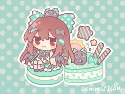  1girl :3 animalization arm_cannon bird_wings black_wings blush bow bowtie brown_eyes brown_hair chest_eye closed_mouth commentary commission food food_request green_background green_bow green_bowtie green_skirt hair_bow long_hair looking_at_viewer macaron polka_dot polka_dot_background reiuji_utsuho reiuji_utsuho_(bird) shirt silverrain sitting skirt smile solo third_eye touhou very_long_hair wafer_stick weapon white_shirt wings 