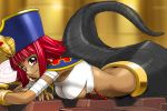 1girl bandages beads breasts candy chocolate cleo_gretel dark-skinned_female dark_skin earrings egyptian food haruyama_kazunori hat jewelry lamia lollipop lying monster_girl red_eyes red_hair redhead short_hair smile solo super_robot_wars super_robot_wars_og_saga_mugen_no_frontier super_robot_wars_og_saga_mugen_no_frontier_exceed swirl_lollipop underboob uraeus