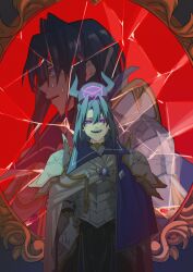  absurdres armor blue_eyes blue_hair bright_pupils broken_mirror cape colored_inner_hair commentary english_commentary fang fanged_bangs full_armor hair_intakes highres hololive hololive_english mirror multicolored_hair ouro_kronii pauldrons pelvic_curtain shoulder_armor sweatdrop virtual_youtuber yuutomeh 