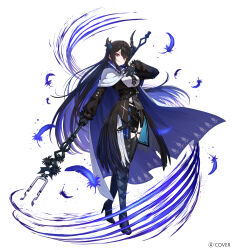  1girl asymmetrical_horns bilingual_commentary black_hair black_horns blue_feathers blue_hair breasts cape colored_inner_hair commentary demon_horns english_commentary enigmatic_recollection feathers full_body hair_ornament highres holding holding_polearm holding_weapon hololive hololive_english horns kuroi_susumu long_hair looking_at_viewer mixed-language_commentary mole mole_under_eye multicolored_hair nerissa_ravencroft nerissa_ravencroft_(1st_costume) polearm red_eyes two-tone_hair uneven_horns very_long_hair virtual_youtuber weapon white_cape 