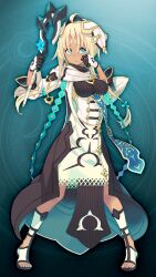  1girl ahoge aqua_background aqua_eyes black_dress black_gloves blonde_hair breasts dark-skinned_female dark_skin dress forehead_tattoo full_body game_asset gloves grimms_notes hair_between_eyes hair_over_one_eye hands_up holding holding_wand legs_apart lian_(grimms_notes) looking_at_viewer medium_breasts mk_(masatusaboten) multicolored_gloves non-web_source official_art pigeon-toed solo tattoo tearing_up two-tone_dress two-tone_gloves wand white_dress white_gloves wide_sleeves 