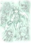  bad_id closed_eyes competition_swimsuit green green_background hat hatsune_miku headset holding_hands leg_hug long_hair mayo_riyo monochrome musical_note one-piece_swimsuit sketch smile swimsuit traditional_media twintails very_long_hair vocaloid 