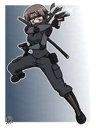 1girl aiming black_pants blush breasts brown_eyes brown_hair commentary_request full_body girls_und_panzer gradient_background gun holding holding_gun holding_weapon japanese_text katana mask medium_breasts monkey_ears monkey_girl mouth_mask naomi_(girls_und_panzer) ninja ninja_mask pants short_hair simple_background solo sword sword_on_back takahashi_kurage weapon weapon_on_back