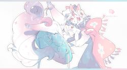  1girl animal_ears bikini breasts colored_eyelashes commentary floral_print flower fluffy_tail full_body furry furry_female gradient_fur gumvvvball hair_flower hair_ornament highres innertube original pink_blanket pink_eyes swim_ring swimsuit tassel unicorn_horn untranslatable_commentary white_bikini white_fur white_hair 