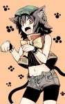  animal_ears bike_shorts brown_eyes brown_hair cat_ears cat_tail chen contemporary earrings fang hat jewelry midriff morino_hon multiple_tails short_hair shorts tail touhou wrist_cuffs 