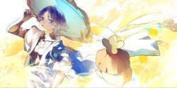  1boy anemo_symbol_(genshin_impact) aranara_(genshin_impact) arm_at_side armor artist_name bishounen black_bridal_gauntlets blue_cape blue_gem blue_hat blue_jingasa blue_kimono blue_sleeves blunt_ends bodysuit bridal_gauntlets cape commentary_request covered_collarbone creature devileggooo feathers furisode gem genshin_impact gold hand_up hat highres japanese_armor japanese_clothes jingasa juban kimono kote kurokote layered_sleeves looking_at_creature male_focus open_clothes open_kimono parted_bangs pom_pom_(clothes) purple_hair purple_rope purple_sash rope sash scaramouche_(genshin_impact) short_sleeves shoulder_peek side_cape signature tilted_headwear turtleneck turtleneck_bodysuit upper_body violet_eyes wanderer_(genshin_impact) wheat_field white_kimono white_sleeves yellow_feathers 