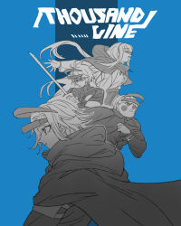 1girl 3boys :d ahoge aotsuki_eito armband cloak commentary_request explopyon fake_game_cover gakuran ginzaki_shouma greyscale_with_colored_background hairband headgear holding holding_sword holding_weapon jacket kirifuji_nozomi last_defense_academy_school_uniform long_hair multicolored_hair multiple_boys outstretched_arms school_uniform shirt short_hair smile spread_arms streaked_hair sumino_takumi sword the_hundred_line_-last_defense_academy- weapon 