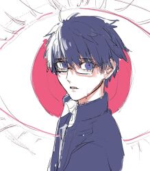  1boy 1girl ahoge arcueid_brunestud black_hair blue_eyes blue_jacket collared_shirt commentary_request gakuran highres hitodens jacket looking_at_another looking_at_viewer male_focus messy_hair portrait red_eyes school_uniform shirt souya_high_school_uniform staring sweat tohno_shiki tsukihime tsukihime_(remake) upper_body white_shirt 