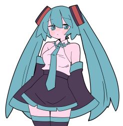  1girl aqua_eyes aqua_hair aqua_necktie bare_shoulders black_skirt black_thighhighs blush_stickers breasts collar commentary cowboy_shot crop_top detached_sleeves frilled_collar frills hair_between_eyes hatsune_miku high-waist_skirt highres long_hair looking_at_viewer medium_breasts miniskirt necktie ringed_eyes shirt simple_background skirt sleeveless sleeveless_shirt solo standing thigh-highs twintails uraya0 vocaloid white_background white_shirt wide_sleeves zettai_ryouiki 