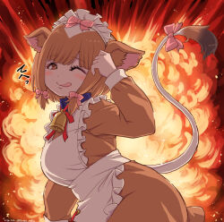 1girl absurdres animal_ears apron bell brown_dress brown_eyes brown_hair commentary_request cow_ears cow_girl cow_tail cowbell dress explosion extra_ears guernsey_cattle_(kemono_friends) highres kemono_friends kosai_takayuki looking_at_viewer monkey_ears monkey_girl one_eye_closed ribbon short_hair solo tail tongue tongue_out
