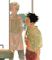  2boys ^_^ apron bento blonde_hair blue_shirt blush brushing_teeth closed_eyes highres holding male_focus monkey_d._luffy multiple_boys one_piece pink_apron profile red_shirt sabo_(one_piece) scar scar_on_face shirt short_hair t-shirt tio7tio8 
