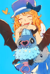  1girl bat_(animal) bat_wings blonde_hair blue_background blue_bow blue_hat blue_skirt bow closed_eyes commentary_request hat hat_bow heart heart-shaped_nose long_hair lower_teeth_only neck_fur open_mouth pokemon pokemon_(creature) serena_(pokemon) shiu_(pika) simple_background skirt smile spread_wings swoobat teeth wings 