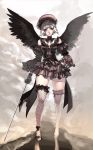  detached_sleeves dress fishnet_legwear fishnets frills gloves gothic hat highres jeffr katana lace legs original ribbon short_hair solo sword thighhighs weapon white_hair wide_hips wings 