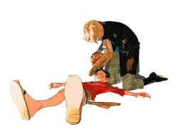  2boys ascot black_coat black_hair blonde_hair boots brown_gloves coat commentary_request full_body gloves holding_another's_hat lying male_focus monkey_d._luffy multiple_boys on_back one_piece pants red_shirt sabo_(one_piece) sandals sash scar scar_on_face shirt simple_background tio7tio8 white_ascot white_background yellow_sash 