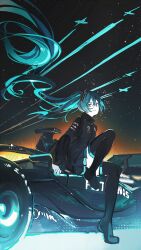  1girl absurdres aqua_eyes aqua_hair black_boots black_jacket black_skirt black_sky boots car commentary english_commentary floating_hair formula_racer full_body happyongdal hatsune_miku highres jacket long_hair motor_vehicle pleated_skirt race_vehicle racecar sitting skirt sky solo star_(sky) thigh_boots vocaloid 