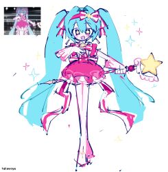  1girl :d \||/ artist_name back_bow blue_hair boots bow bow_hairband bowtie buttons commentary crossed_ankles double-breasted double-parted_bangs dress earrings elbow_gloves english_commentary flat_chest frilled_dress frills full-leg_boots full_body gloves hair_between_eyes hair_bow hair_intakes hairband hand_on_own_chest hand_up hatsune_miku highres holding holding_scepter ima_sugu_rinne_(vocaloid) jewelry legs_together long_hair long_legs looking_at_viewer no_nose open_mouth outstretched_arm pale_skin petticoat pink_bow pink_bowtie pink_dress pink_eyes pink_hairband reference_inset scepter screenshot_inset short_dress simple_background sketch smile solo sparkle standing star-shaped_pupils star_(symbol) straight-on symbol-shaped_pupils takawoyu tareme tassel tassel_earrings thigh_boots twintails two-tone_bow two-tone_bowtie very_long_hair vocaloid white_background white_boots white_bow white_bowtie white_gloves yellow_pupils 
