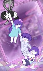  1girl 3boys antenna_hair arm_up aubrey_(headspace)_(omori) aubrey_(omori) barefoot black_eyes black_hair black_shorts black_socks black_tank_top blue_shirt blush bow bra_strap brothers checkered_clothes closed_eyes closed_mouth collared_pajamas commentary crane_game double-parted_bangs english_commentary expressionless hair_between_eyes hair_bow hero_(headspace)_(omori) hero_(omori) highres holding holding_knife kel_(headspace)_(omori) kel_(omori) knife long_hair long_shirt long_sleeves looking_at_another looking_at_viewer mini_person miniboy minigirl multiple_boys nrdeluxe omori omori_(omori) open_mouth pajamas pants pink_bow purple_hair shirt short_sleeves shorts siblings sidelocks socks striped_clothes striped_pajamas striped_pants striped_shorts t-shirt tank_top vertical-striped_clothes vertical-striped_pajamas vertical-striped_pants vertical-striped_shorts violet_eyes white_pajamas white_pants white_shorts 