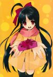  black_hair bow gift hair_bow highres holding holding_gift incoming_gift itou_noiji jacket long_hair red_eyes scarf thigh-highs thighhighs zettai_ryouiki 