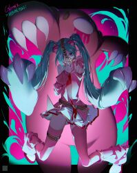  1girl absurdres aqua_eyes aqua_hair aqua_necktie bare_shoulders blue_eyes commentary detached_sleeves gloomy_bear hair_ornament hatsune_miku highres long_hair looking_at_viewer necktie shirt skirt solo stuffed_animal stuffed_toy teddy_bear thigh-highs twintails vocaloid zzingo 