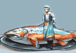  1boy absurdres apron blue_hair buttons chef_hat double-breasted fish hat highres maaka_4441 mini_person miniboy nagisa_trout nagisa_trout_(1st_costume) nijisanji plate short_hair simple_background solo standing virtual_youtuber waist_apron 