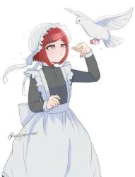  1girl alternate_costume animal apron artist_name bird black_shirt commentary_request danganronpa_(series) danganronpa_v3:_killing_harmony dress_shirt hair_ornament hairclip highres long_sleeves maid maid_apron red_eyes red_hair shirt short_hair solo white_apron yumeno_himiko zhengchang 