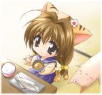  bell brown_eyes brown_hair cat_ears chibi chopsticks di_gi_charat eating food puchiko sakana tail twintails 